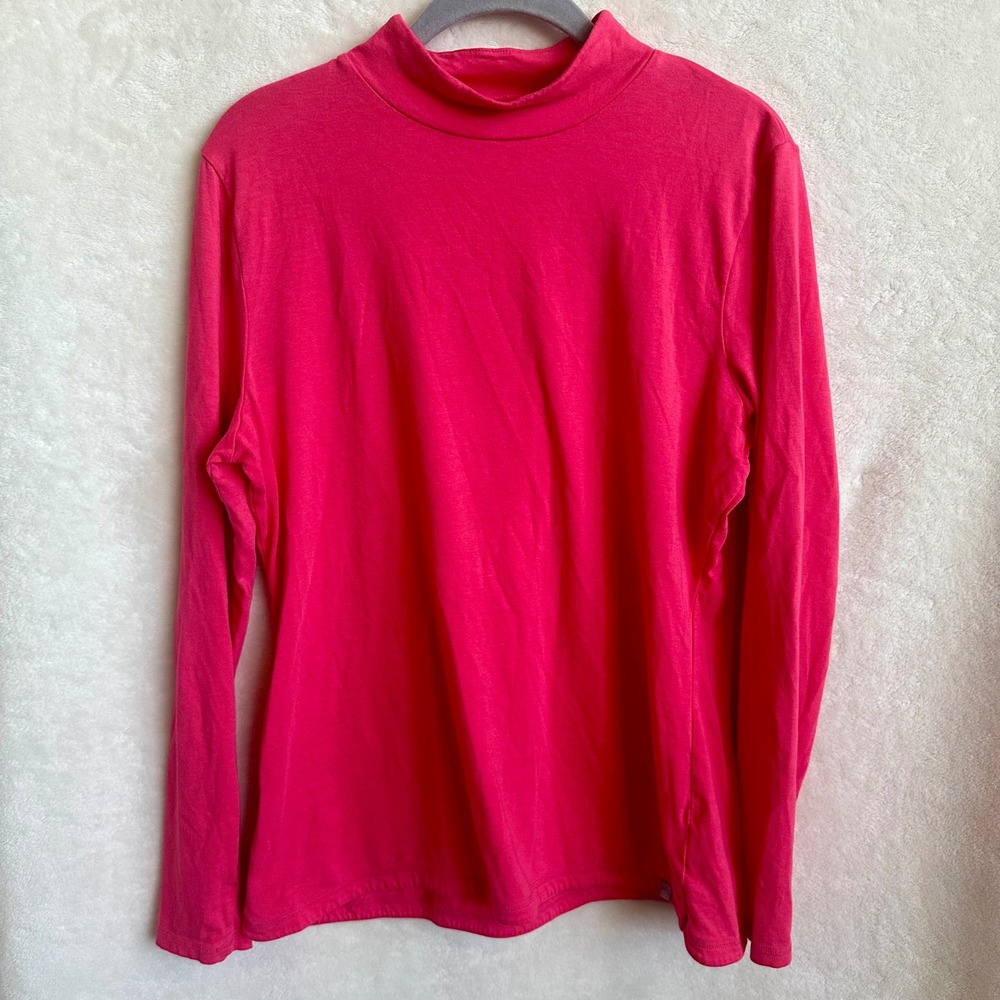 T by Talbots Size L‎ Coral Pink Long Sleeve Mock Neck Curved Hem Top EUC